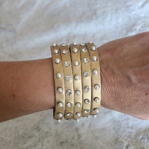 Womens Bracelet on Leather Band w/ Diamond & Pearl Accents Button Closure Tan